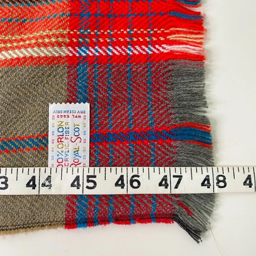 Royal Scot Plaid‎ Scarf 100% Orlon Acrylic Fringe Red Blue Tan Unisex